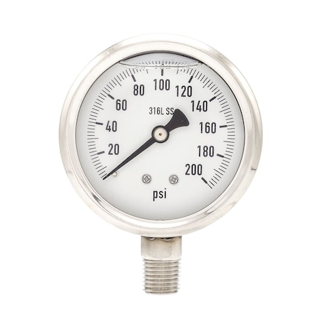 Pro 2 1/2 in Dial, 0/200 PSI, 1/4 in NPT, Lower Mount Glycerin Filled Pressure Gauge PRO-301L-254G
